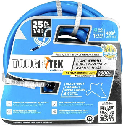 Blu Shield Tough Tek Rubber Pressure Washing Hose 1/4" X 25' with M22 Fittings Non Marking (3000:12000 PSI)