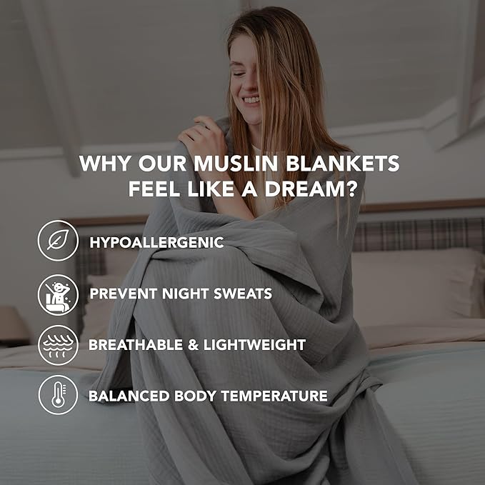 Goqan Throw Blanket 55x60 – 100% Cotton 4 Layer Boho Muslin Blanket for Adults, Lightweight, Soft, Breathable for Bed, Couch, Picnic - Light Grey