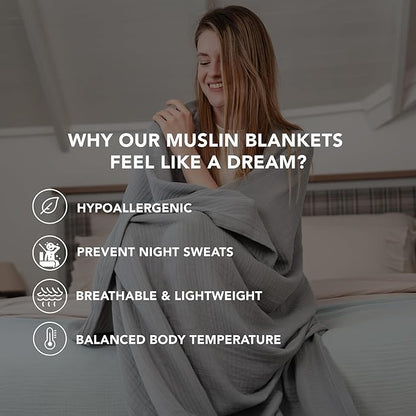 Goqan Throw Blanket 55x60 – 100% Cotton 4 Layer Boho Muslin Blanket for Adults, Lightweight, Soft, Breathable for Bed, Couch, Picnic - Light Grey