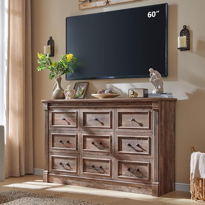9 Drawers Dresser for Bedroom, Farmhouse 55" Wide Dressers & Chests of Drawers w/Roman Column, Large Storage Dressers Organizer for Bedroom, Living Room, Hallway, Light Brown