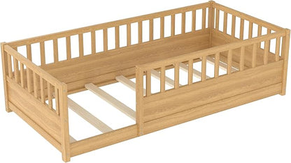 Bellemave Kids Montessori Floor Bed,Twin Size Floor Bed with High Fence and Door,Twin Bed Frame with Guardrails for Kids,Girls,Boys,Twin,Natural