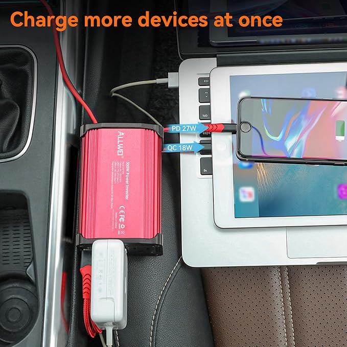ALLWEI 300W Power Inverter DC 12V to 110V AC, Compact Car Plug Adapter Outlet with 27W PD USB-C &18W USB-A Fast Charging, Cigarette Lighter Adapter Car Charger for Phone, Laptop on Road Trip - Red