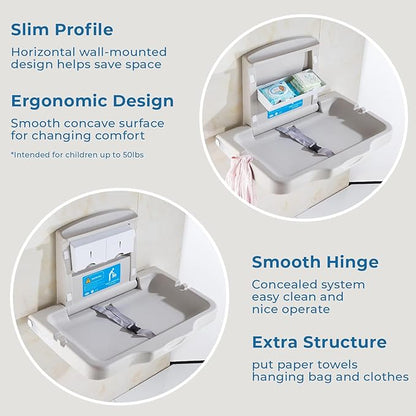 Baby Changing Station Wall Mounted Baby Changing Table Foldable Diaper Changing Unit Commercial Restrooms Horizontal HDPE Meterial with Safrty Strap White Gray
