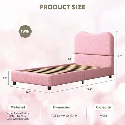 Senfot Pink Twin Kids Bed Frame with Upholstered Headboard, Low Profile Sturdy Platform Bed with Soft Boucle Fabric for Girls and Boys, Heavy Duty, Wooden Slats, Noise Free, No Box Spring Needed