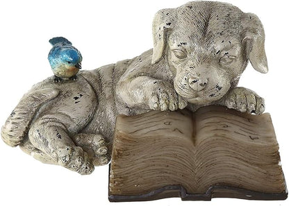 Topadorn Resin Dog Statue Solar Power Outdoor Statuary Cute Puppy for Garden Decoration, Dog Read a Book
