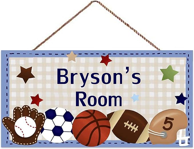 XIUXZMM Personalized Blue Boys Sports-Soccer Football Baseball Bedroom Customized Door Sign Wood Plaque Sign Wall Decor Gift