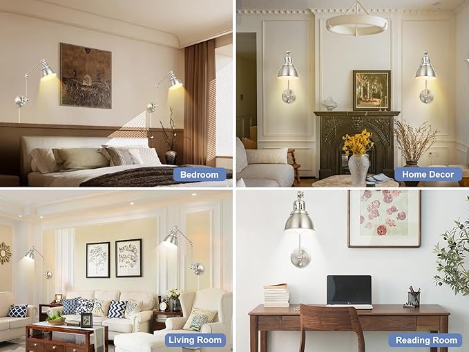 2 Pack Plug in Wall Sconces, Dimmable On Off Switch, Swing Arm Wall Lamps