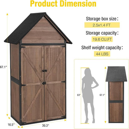 Outdoor Storage Shed,Vertical Wooden Tool Shed with Waterproof Roof,Adjustable 3 Tiers Shelves,Storage Tool Cabinet Box with Metal Frame Sloped Roof for Backyard Garden Patio Lawn (Dark Brown)