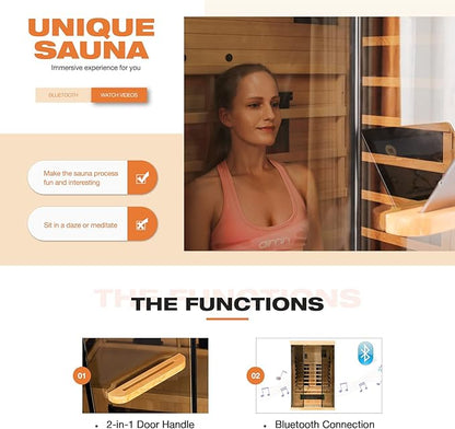 Infrared Sauna, 1-2 Person Home Sauna with 10 Minutes Warm-up Heater Tubes&Panels, Personal Sauna Spa Room for with 2-in-1 Door Handle, Canadian Hemlock and Panoramic Tempered Glass,120V