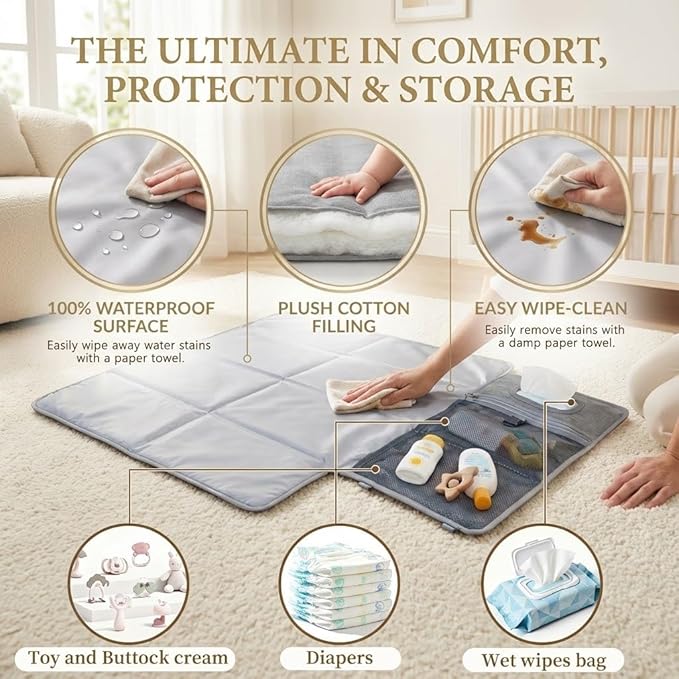 Large Portable Diaper Changing Pad - Waterproof Foldable Baby Travel Changing Mat with Storage Pockets & Wipes Bag, Lightweight, One-Hand Fold, Crossbody Strap for Parents,Infant Travel Station Kit