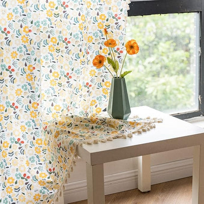 ENJOYBRIDAL Floral Curtains 96 Inch Length 2 Panels Tassel Boho Semi-Sheer Drapes Bedroom Living Room Farmhouse Rustic Country Yellow Green Flower Rod Pocket Cotton Linen Blend Window Curtain Panel
