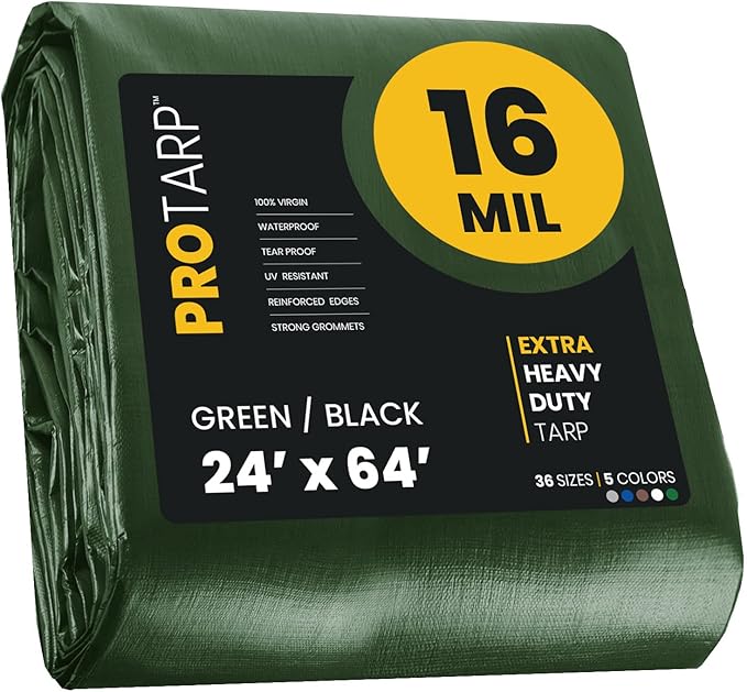 PROTARP Extra Heavy Duty 16 Mil Tarp Cover, Waterproof, UV Resistant, Rip and Tear Proof, Poly Tarpaulin with Reinforced Edges for Roof, Camping, Patio, Pool, Boat. (Green/Black 24′ X 64′)