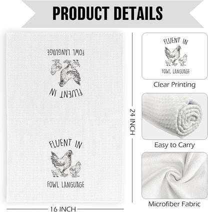 Funny Kitchen Dish Towels 16x24 Inch - Crazy Chicken Gifts for Chicken Lover Mom - Fluent in Fowl Language Decorative Hand & Tea Towels for Farmhouse Home