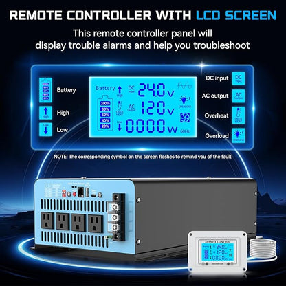 New Upgraded 24V 3000 Watts Pure Sine Wave Inverter, 24V DC to 110V/120V AC Power Inverter with 4 AC Outlets, USB Port, Type-C Port for Truck, Vehicle, Power Outage, Remote Control with LCD Screen