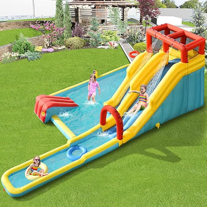 BOUNTECH Inflatable Water Slide, Dual Surfing Slides Kids Water Slide Park Jump Bouncy Castle w/2 Swimming Rings, Large Splash Pool, Backyard Outdoor Blow up Water Slides Inflatables for Big Kids