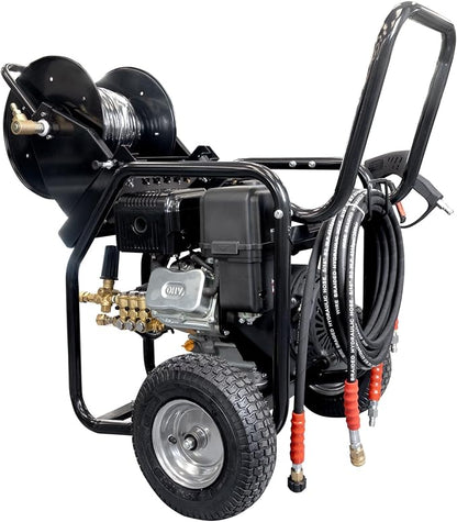 Canpump 2-in-1 Gas Pressure Washer & Sewer Jetter – 3400 PSI, 5.7 GPM, 420cc Loncin Engine – Triplex Pump w/Extended Bypass Unloader – 100 ft Hose Reel, Foot Valve, Spray Gun, Wand, Hose, Nozzles