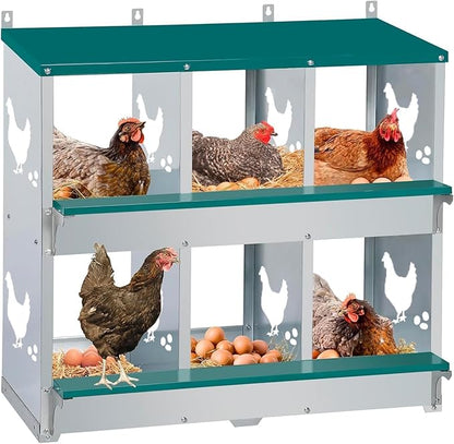 Chicken Nesting Box 6 Compartment with 10 Pet Moisture Pads and 4 Fake Eggs Roll Away Egg Collection, Perch, Lid Cover for Egg Protection - Wall Mount Nest Box for Chickens, Hens, Ducks