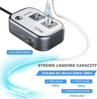 FOVAL 200W Car Power Inverter, DC 12V to 110V AC Car Laptop Charger Fast Charger Converter with [27W PD USB-C] & Dual USB Ports Multi-Protection Car Outlet Adapter Power Inverter for Vehicles