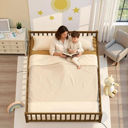 i-POOK Queen Floor Bed Frame with Wood Slats, High Fence & Small Door, Pinewood Montessori Floor Bed for Girls and Boys,Light Espresso