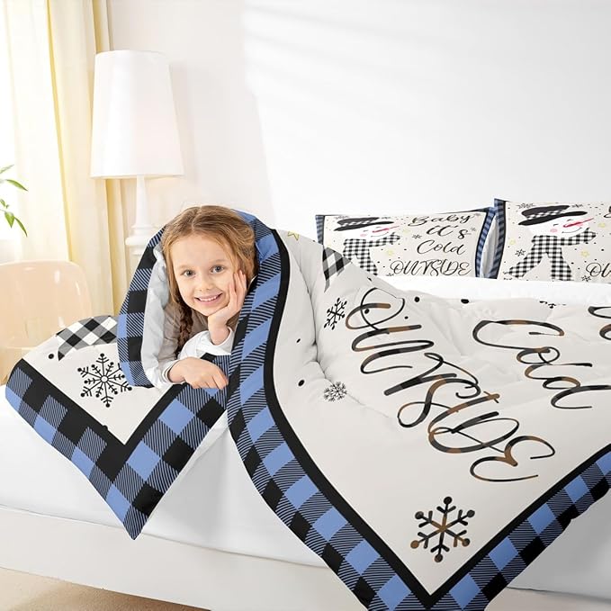 Christmas Snowman Kids Comforter Set Twin Size,Snowflake Christmas Holiday Bedding Set,Girls Boys Adults Xmas Decor,Geometric Grids Lattices Down Comforter,Blue Rustic Duvet Insert,1 Pillowcase