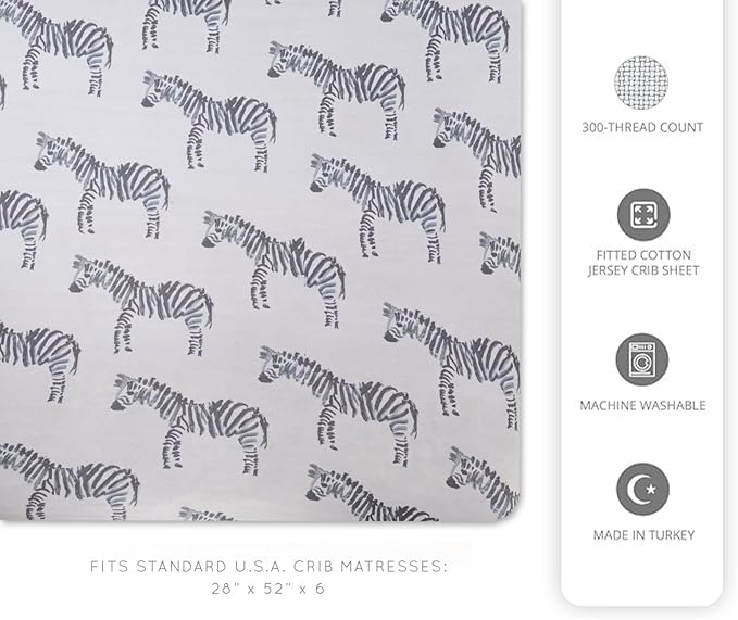 Oilo Crib Sheet, Breathable 100% Turkish Cotton Fitted Jersey, 300 Thread Count, Machine Washable, Fits Standard Crib (28" x 52" x 6"), Toddler Bedding, Gray Zebra