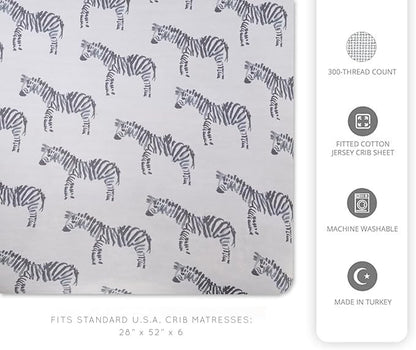 Oilo Crib Sheet, Breathable 100% Turkish Cotton Fitted Jersey, 300 Thread Count, Machine Washable, Fits Standard Crib (28" x 52" x 6"), Toddler Bedding, Gray Zebra
