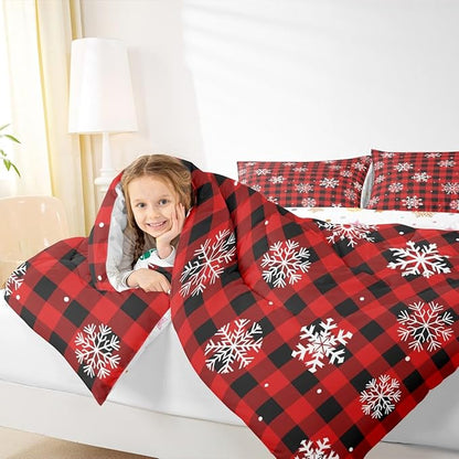 Feelyou Christmas Kids Comforter Set Twin Size Snowflake Red Bedding Set Red Black Plaid Duvet Quilt for Kids Boys Girls Bedroom Winter Snow Decor Microfiber Ultra Soft Breathable