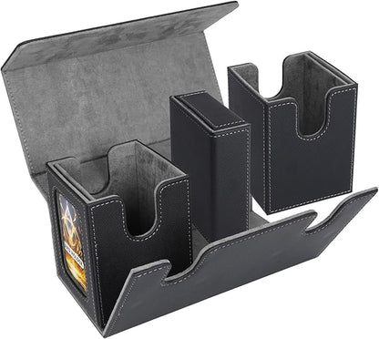 AFIING MTG Commander Card Storage Box - Fits 200 Double Sleeved Cards,3-in-1Card Deck Case,Strong Magnet Card Organizer For Magic Commander TCG CCG,4Dividers &2 Toploaders, Black/Grey