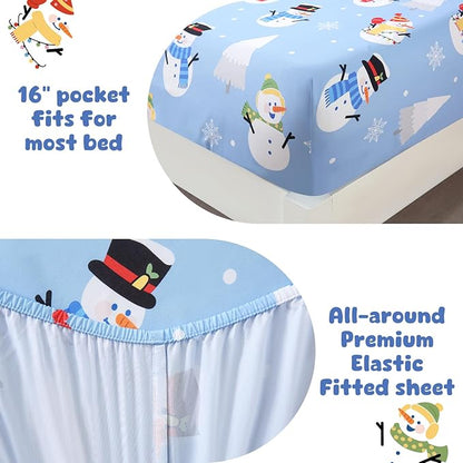 LONAVA Winter Twin Kids Comforter Set - 4 Pieces Twin Bedding Sets for Boys Girls Children, Ultra Soft Microfiber Bed in A Bag with Flat Fitted Sheets, Snowman
