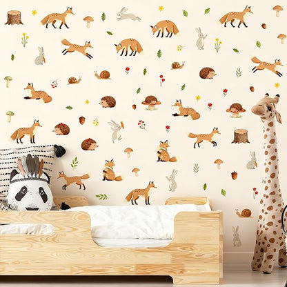 Woodland Animal Wall Stickers Cute Animals Wall Decals Peel and Stick Catroon Animal Decal Funny Fox Hedgehog Rabbit Stickers Forest Woodland Decals for Kids Room Bedroom Nursery Decor