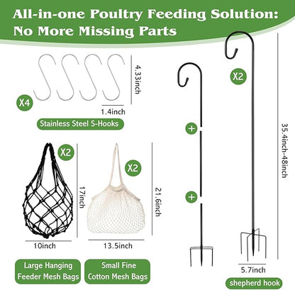 10 Pcs 2 Sets Hanging Chicken Feeder Chicken Coop Toys Accessories Include Dual Size Poultry Vegetable Fruits String Bag Heavy Duty Shepherd's Hook Veggie Treat Ball for Hen Goose Duck