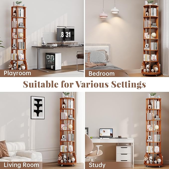 6 Tier Rotating Bookshelf with Locking Casters, 360° Spinning Vertical Bookcase, Revolving Floor Standing Organizer for Small Spaces, Corner, Living Room, Bedroom, Rustic Brown