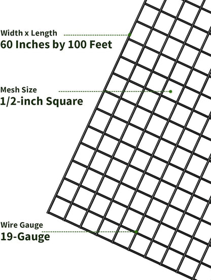 Hardware Cloth 1/2 inch Mesh 60'' x 100' 19-Gauge, Black Vinyl Coated Chicken Wire Mesh Roll, Welded Wire Fencing, Chicken Wire Fencing, Garden Fencing, Vegetable Garden