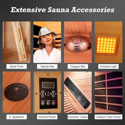 Infrared Sauna with Recliner, 2 Person Hemlock Wooden Dry Saunas with 220V/3400W, Indoor Home Sauna Spa with 9 Heating Panels, Bluetooth Speaker, 7 Color Lights, Oxygen Bar