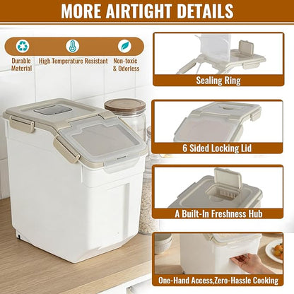4 Pack Rice Container 25 lbs Large Bulk Flour Sugar Storage Holdhouse Plastic Grain Cereal Dry Goods Bin with Spoon and Measuring Cup for Kitchen Pantry Organization - Grey