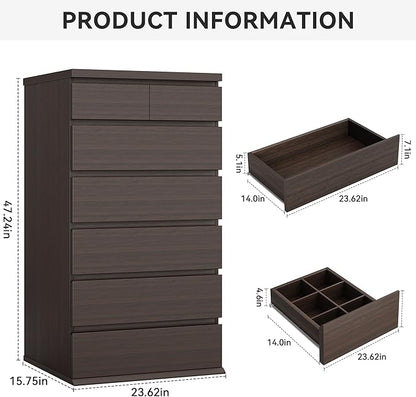 Brown Tall 7 Drawer Dresser for Bedroom, Modern Wood Closet Dressers & Chests of Drawers with Jewelry Storage, 23.6" L*15.8" W*47.5" H in Large Vertical Dresser for Bedroom, Living Room, Nursery