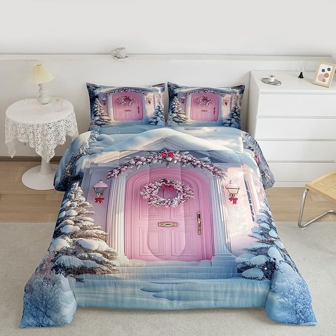 Feelyou Merry Christmas Kids Comforter Set Twin Size Winter Snowscape Bedding Set Pink Door Duvet Quilt for Kids Boys Girls Bedroom Garland Xmas Tree Decor Microfiber Ultra Soft Breathable