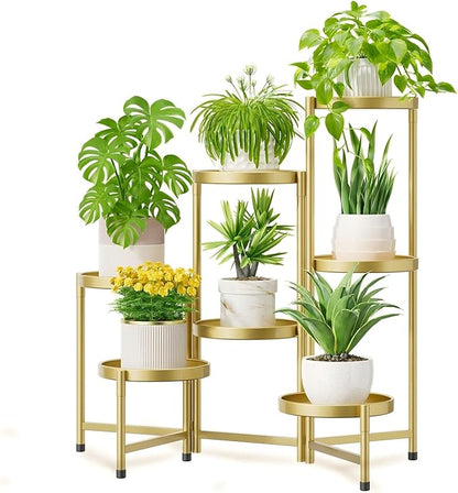 iDavosic.ly 7 Tier Large Plant Stand Indoor, 10 Inch Wide Tall Corner Metal Plant Stands Outdoor for Multiple Plants, Folding Tiered Flower Display Holder Rack Shelf, Gold