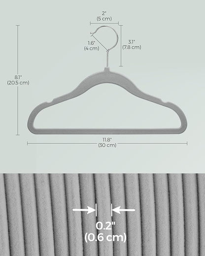 SONGMICS Baby Kids Hangers 50 Pack for Closet, 11.8 x 8.1 Inches, Silver 360° Swivel Hooks, Space-Saving Clothes Velvet Hangers for Nursery, Non-Slip, Dove Gray UCRF027G05