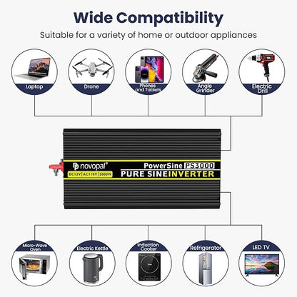 NOVOPAL 3000 watt Pure Sine Wave Inverter, 12V DC to 110V/120V AC Car Power Converter, DC-AC Power Inverter with 3 Outlets, High-Power Terminals - 16ft Remote Control, LCD Display.