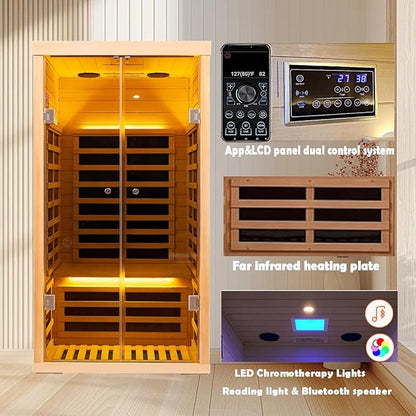 Hemlock 1 Person Infrared Sauna for Home, Luxury Personal Indoor Sauna Spa, 1420w/120v Ultra Low EMF Infrared Sauna, App&LCD Panel Controls, Bluetooth Speakers, Chromotherapy Lights, Reading