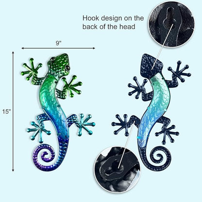 HONGLAND Metal Gecko Wall Art 15 Inch Lizard Outdoor Decor Lizards Garden Sculpture for Yard Fence 2 Pack