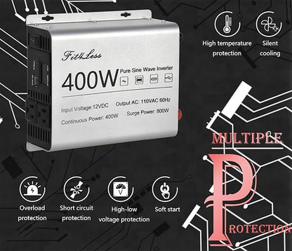 Pure sine Wave Inverter DC 12V Input and AC 110V Output with LCD Display, USB Output Port, Type-C Output Port (400W)