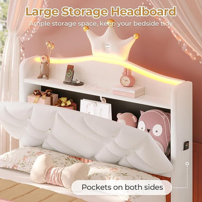 MSmask Twin Bed Frame with LED Lights, Princess Upholstered Bed with Headboard with Charging Station & Crystal Button & Crown, Velvet Platform Bed for Girls, Solid Wood Slats, Curved Legs, White