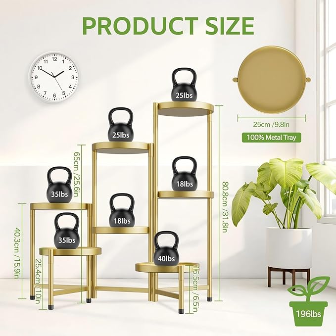 iDavosic.ly 7 Tier Large Plant Stand Indoor, 10 Inch Wide Tall Corner Metal Plant Stands Outdoor for Multiple Plants, Folding Tiered Flower Display Holder Rack Shelf, Gold