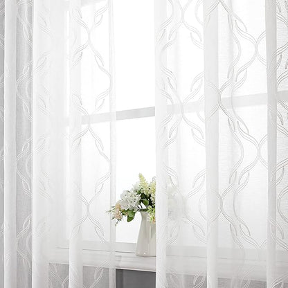 VISIONTEX Sheer Curtains 72 Inches Long 2 Panels Set, White Moroccan Embroidery Texture Geometric Rod Pocket White Voile Tulle Semi Window Treatment Pair for Bedroom, W54 x L72