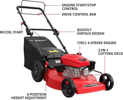 PowerSmart Self Propelled Gas Lawn Mower, 22 in. 170cc OHV Engine 2-in-1 Rear Wheel Drive, High Wheels, 6-Position Height Adjustment
