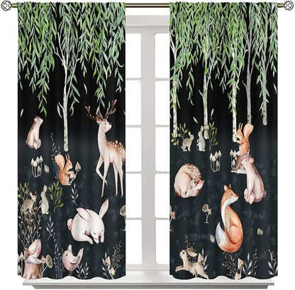 Forest Animal Curtains, Watercolor Cartoon Woodland Plants Animals Bears Moose Mushrooms Printed Curtains for Kids Boys and Girls Bedroom Window Drapes 42x54 Inch