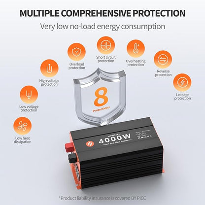 4000W Pure Sine Wave Power Inverter 12V DC to 110V AC Converter Peak Power 8000W for RV Truck Off-Grid Solar Car Inverter with 4 AC Outlets, 2 USB & 1 Type-C Ports, Hardwire Kit, Remote Controller