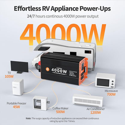 4000W Pure Sine Wave Power Inverter 12V DC to 110V AC Converter Peak Power 8000W for RV Truck Off-Grid Solar Car Inverter with 4 AC Outlets, 2 USB & 1 Type-C Ports, Hardwire Kit, Remote Controller